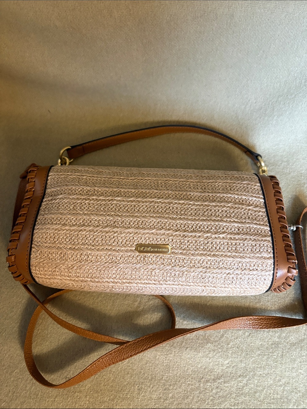 BCBGeneration Cream Woven Shoulder Bag with Brown Trim